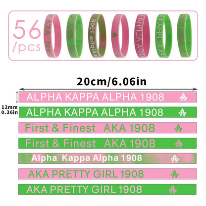 56 Pieces AKA Bracelet - AKA Sorority Gifts For Women - AKA Gadgets For Alpha Kappa Alpha - AKA Silicone Bracelet Charms Paraphernalia Wristbands - Salmon Pink And Apple Green