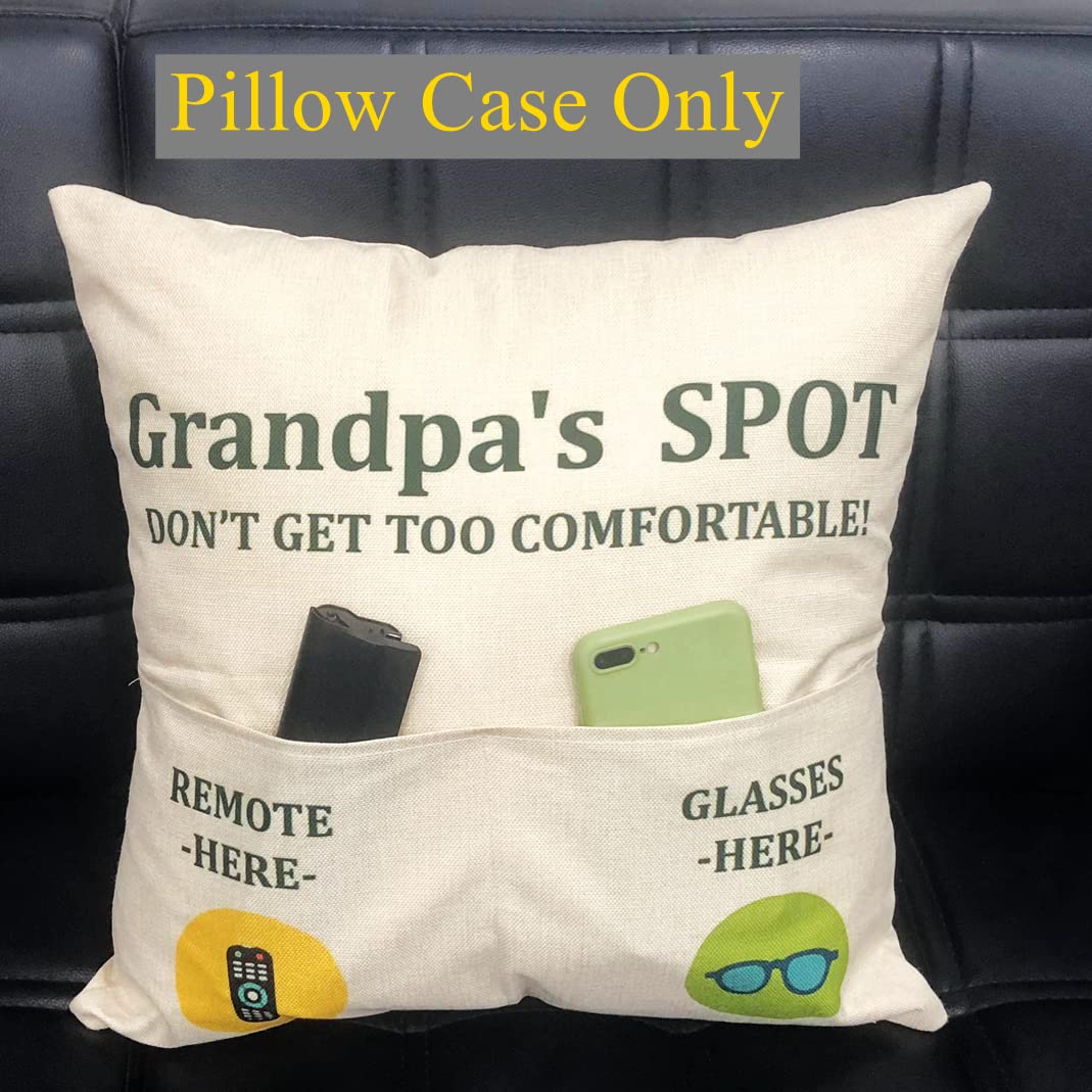 ZUYUROU Grandpa Gifts,2-Pocket Grandpa’s Spot Throw Pillow Covers 18x18 Inch + Engraved Spoon, Fathers Day Birthday Christmas Thanksgiving Day Gifts for Papa, Granddad