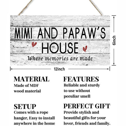 Wooden Mimi and Papaw's House Signs, Where Memories Are Made, Distressed Style, Gift for Grandparents, Indoor Outdoor 6 x 12 Sign