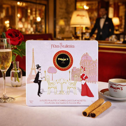 Maxim’s de Paris Chocolate Hazelnut Wafer Rolls – Crispy French Wafer Cookies with Hazelnut Chocolate Filling – Vintage Paris Gift Tin (90 g)