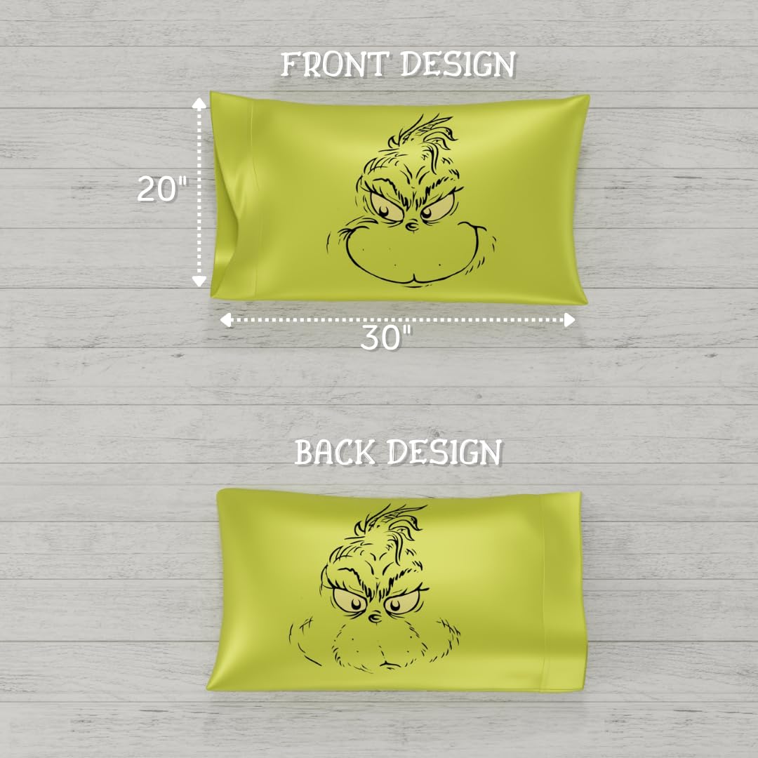 Franco Collectibles Grinch by Dr. Seuss Holiday Beauty Silky Satin Standard Reversible Pillowcase Cover 20x30 for Hair and Skin, (Officially Licensed Product)