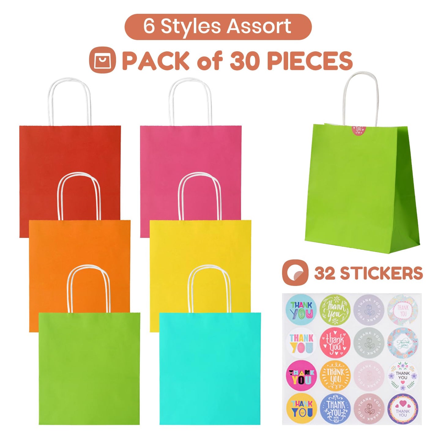 Parmedu Small Paper Gift Bags with Handles - 30 Pack 8.7"x3.5"x7.9" Colorful Party Favor Bags Bulk, Gift Bags for Christmas, Birthdays, Weddings, Festivals, and Parties (6 Colors)