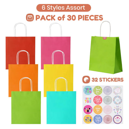 Parmedu Small Paper Gift Bags with Handles - 30 Pack 8.7"x3.5"x7.9" Colorful Party Favor Bags Bulk, Gift Bags for Christmas, Birthdays, Weddings, Festivals, and Parties (6 Colors)