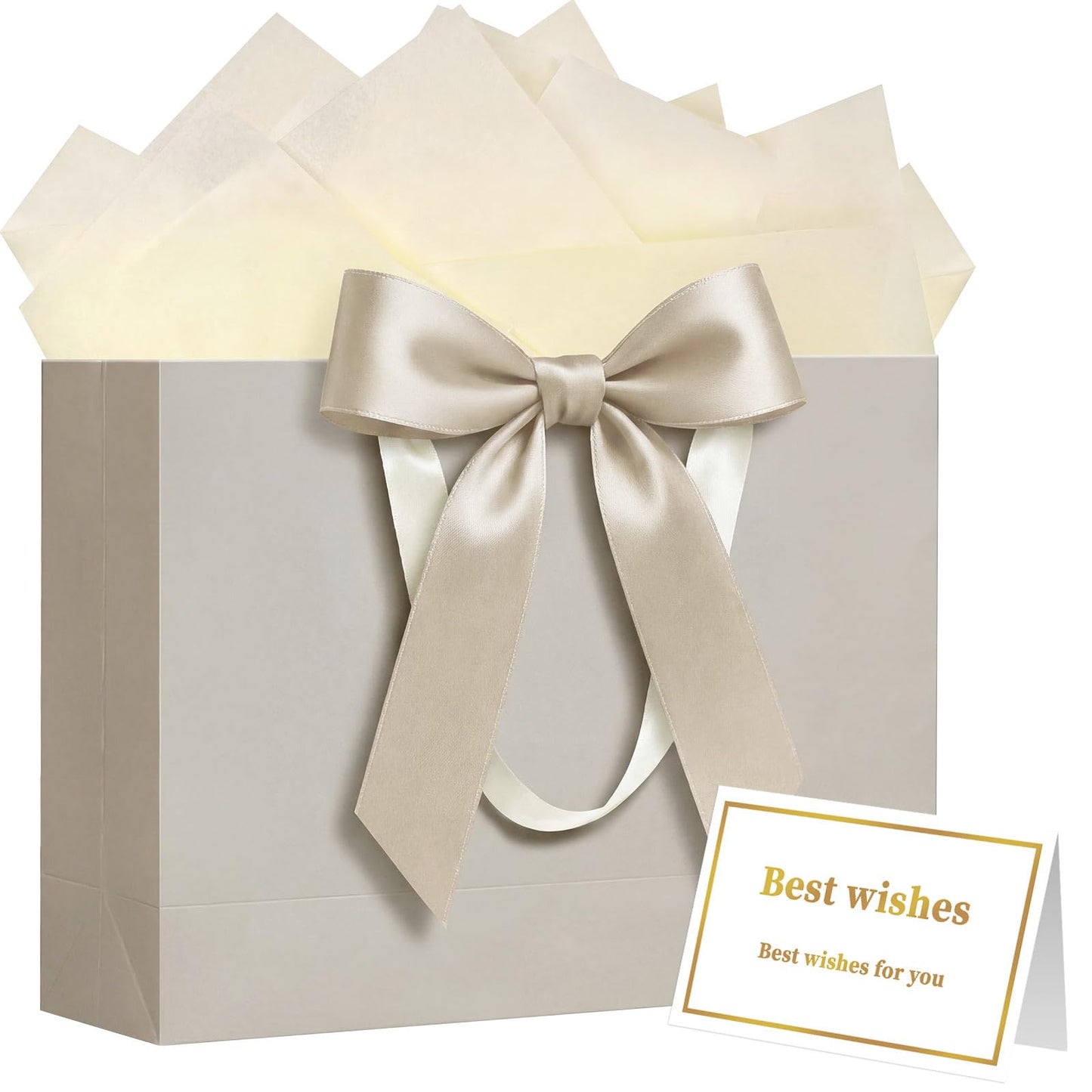 Laidans 13" Gift Bag with Handles and Bow Ribbon, Large Gift Bag with 3 Tissue Paper and 1 Card for Birthdays, Baby Showers, Wedding, Bridal Showers, Mother's Day (Champagne)
