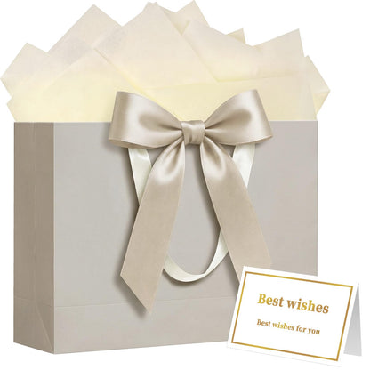 Laidans 13" Gift Bag with Handles and Bow Ribbon, Large Gift Bag with 3 Tissue Paper and 1 Card for Birthdays, Baby Showers, Wedding, Bridal Showers, Mother's Day (Champagne)