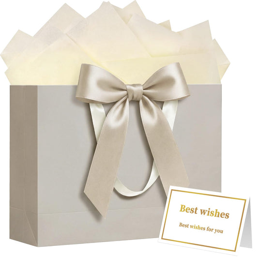 Laidans 13" Gift Bag with Handles and Bow Ribbon, Large Gift Bag with 3 Tissue Paper and 1 Card for Birthdays, Baby Showers, Wedding, Bridal Showers, Mother's Day (Champagne)