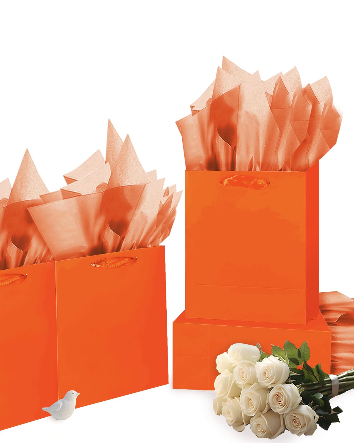 Gcardist Bright Orange Gift Bags with Tissue Paper for Wedding, Birthday, Party Supplies-7.9"x4.3"x9.6" Medium Size Cardboard Gift Bags（5pcs Bags + Tissue Paper ）
