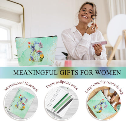 Personalized Gifts for Women Monogrammed Birthday Gifts for Women, Wife Girlfriend Christmas, Initial 20 oz Tumbler, Makeup Cosmetic Bag Cup Pens Journal Notebook 6 Set, (Aesthetic Green Flower S)