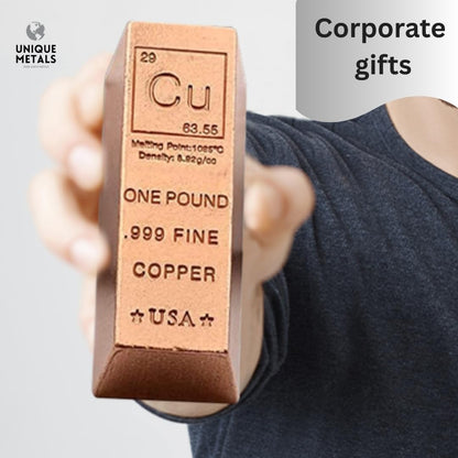 1 Pound Copper Bar Ingot Paperweight - .999 Pure Copper Bar Bullion Chemistry Element Design with Certificate of Authenticity by Unique Metals