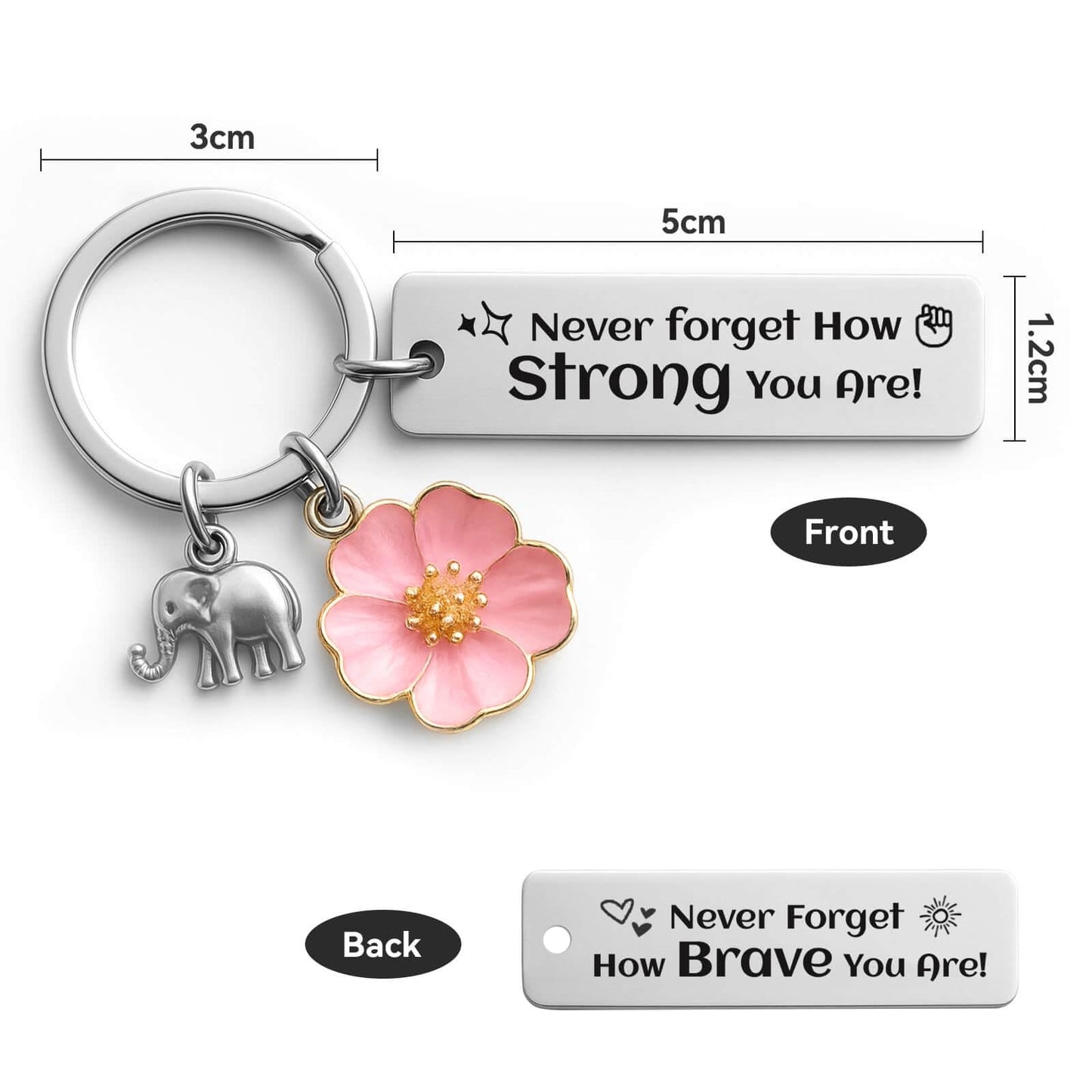 Bluradio Inspirational Keychain for Women, Motivational Gift “Never Forget How Strong You Are” Stainless Steel Keychain with Elephant & Flower Charms, Birthday Gifts for Women, Mom, Best Friend