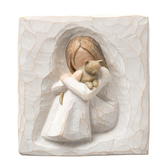 Willow Tree Comfort, an Embrace of Comfort and Love, an Expression of Friendship and Love of Cats in Carved Bas-Relief, Sculpted Hand-Painted Plaque