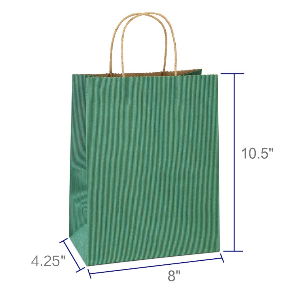 BagDream 25Pcs Gift Bags 8x4.25x10.5 Kraft Paper for Gifts, Shopping Retail Merchandise Grocery Sacks, Green Stripes Paper Bags with Handles Bulk Medium
