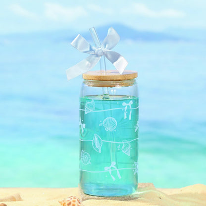 Ocean Animals Glass Cup with Lid and Straw, 16oz Iced Coffee Cup Tumbler Beach Gifts for Women Teen Girls Valentines Gifts for Mom Wife Sister Friends Colleagues Beach Lovers