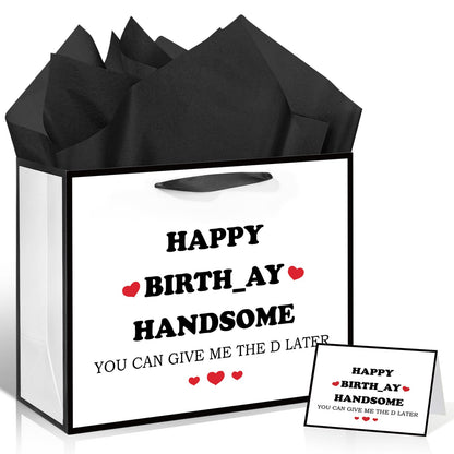 Funny Birthday Gift Bag for Men Boys Funny Gift Bag with Tissue Paper Greeting Card Happy Birthday Handsome Wrapping Bags for Men Husband Boyfriend Brother Retirement Party Decoration Supplies