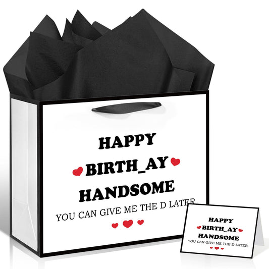 Funny Birthday Gift Bag for Men Boys Funny Gift Bag with Tissue Paper Greeting Card Happy Birthday Handsome Wrapping Bags for Men Husband Boyfriend Brother Retirement Party Decoration Supplies