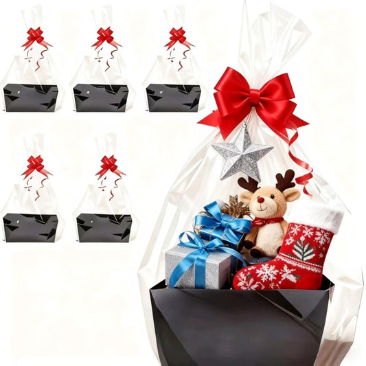 Meecuppa 5 Pcs Black Basket 9.8 x 6.7 x 4.3 In for Gifts Empty DIY Bulk Party Gift Wrap Bags Kit with Handles with 5 Bag 5 Bow Market Tray for Thanksgiving Wedding Bridal Shower Christmas Party