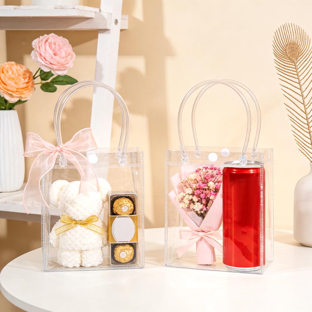 10 PCS Clear Gift Bags with Handles(2.7x5.1x5.9 Inch) Reusable Transparent PVC Tote Goodie Bags Bulk Wedding Brthday Holiday Party Favors Supplies Wrap Basket Stuffers Goody Pouch Baggies for Presents