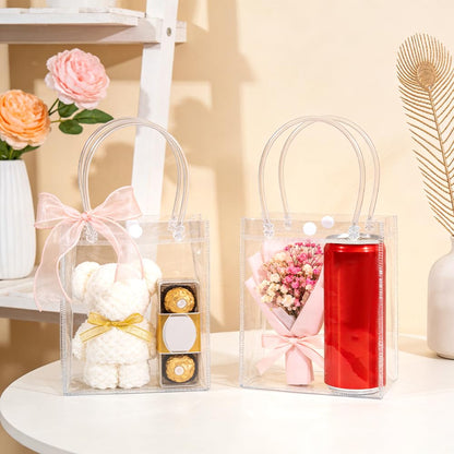 10 PCS Clear Gift Bags with Handles(2.7x5.1x5.9 Inch) Reusable Transparent PVC Tote Goodie Bags Bulk Wedding Brthday Holiday Party Favors Supplies Wrap Basket Stuffers Goody Pouch Baggies for Presents