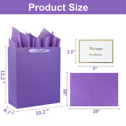 Elegant Purple Gift Bag 10.2"x4.7"x12.2" with Ribbon Handles, Includes Card and Tissue Papers, Perfect for Birthdays, Weddings, Parties, Holidays, Baby Shower