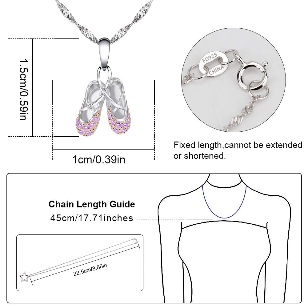 925 Sterling Silver Dance Recital Gifts for Girls Ballerina Necklace Jewelry Cubic Zirconia Ballet Slippers Shoes Necklace for Women Teen Little Girl & Dancer 18"