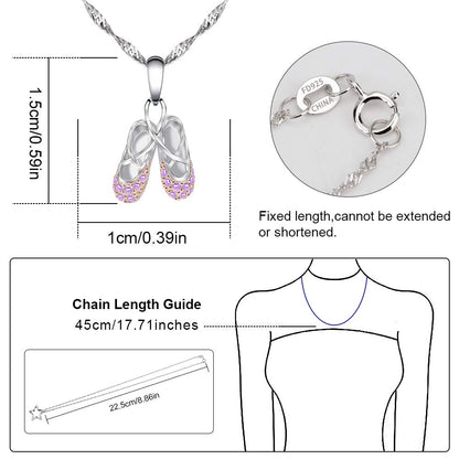 925 Sterling Silver Dance Recital Gifts for Girls Ballerina Necklace Jewelry Cubic Zirconia Ballet Slippers Shoes Necklace for Women Teen Little Girl & Dancer 18"