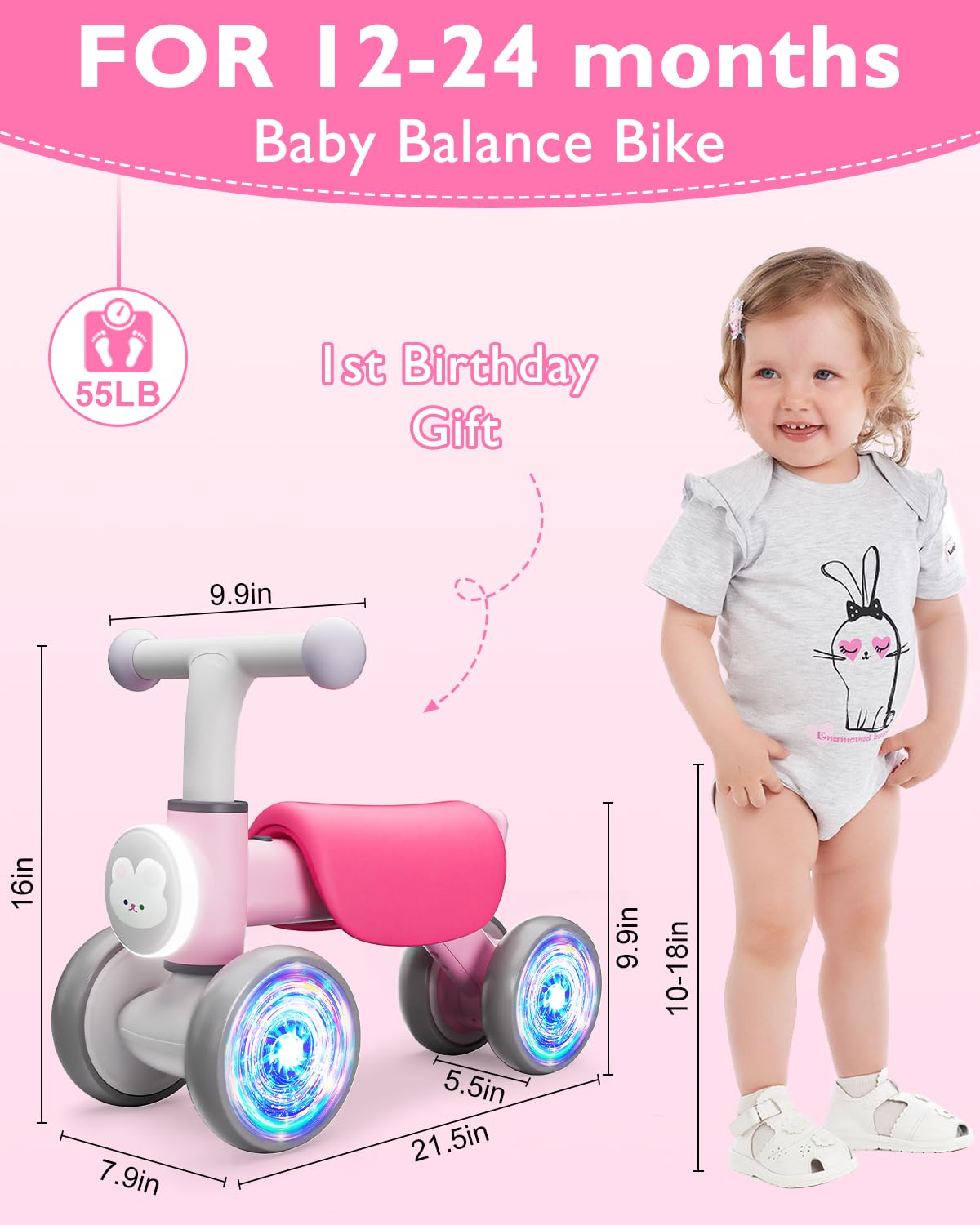 Doselie Toddler Outdoor Toys Balance Bike for 1 2 Year Old Girl Birthday Gifts,4 Wheels Colorful Lighting with Music Baby Balance Bike,Toddler Toys for 1st 2 Year Old