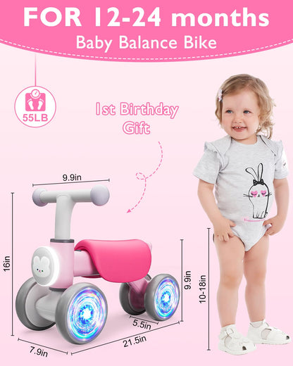 Doselie Toddler Outdoor Toys Balance Bike for 1 2 Year Old Girl Birthday Gifts,4 Wheels Colorful Lighting with Music Baby Balance Bike,Toddler Toys for 1st 2 Year Old