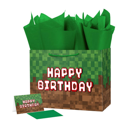 Ranfashiong 16" Extra Large Pixel Theme Birthday Boys Gift Bag with Tissue Paper and Card for Kids, Men Party Supplies (Green)