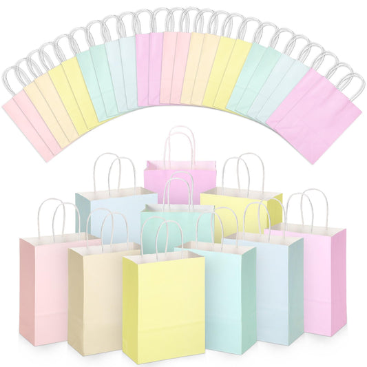 Skyygemm 32 Pcs Paper Gift Bags Bulk with Handle, 6.3 x 3.2 x 8.6 Inch Assorted Colors Kraft Goodie Candy Treat Gift Wrap Bags for Wedding Birthday Graduation Mother Day(Pastel Color)