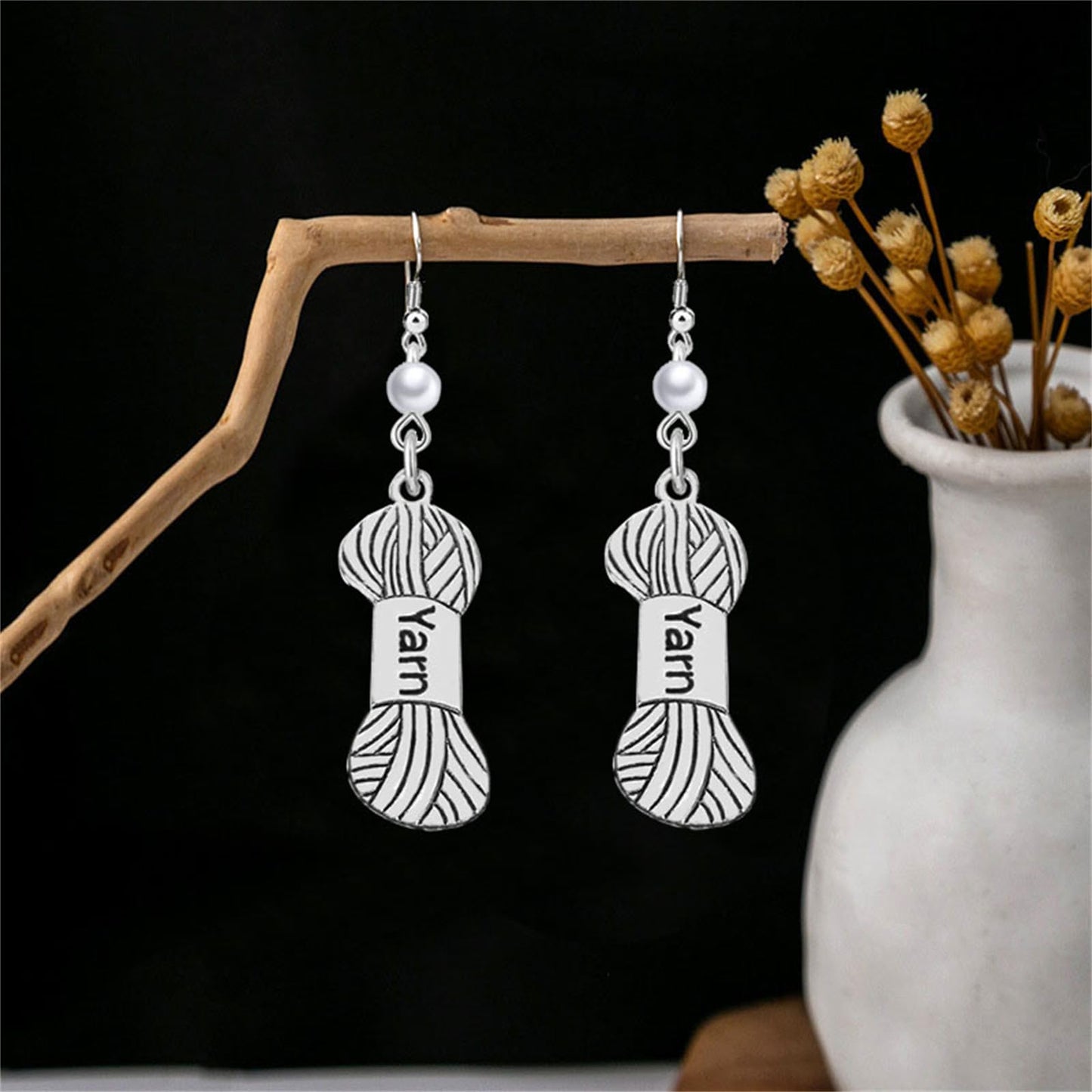 Dreuyet Yarn Knitting Pearl Earrings for Women Unique Silver Sewing Knitting Themed Needles and Yarn Ball Charm Crochet Earrings for Knitter Sewing Lovers Jewelry Gift