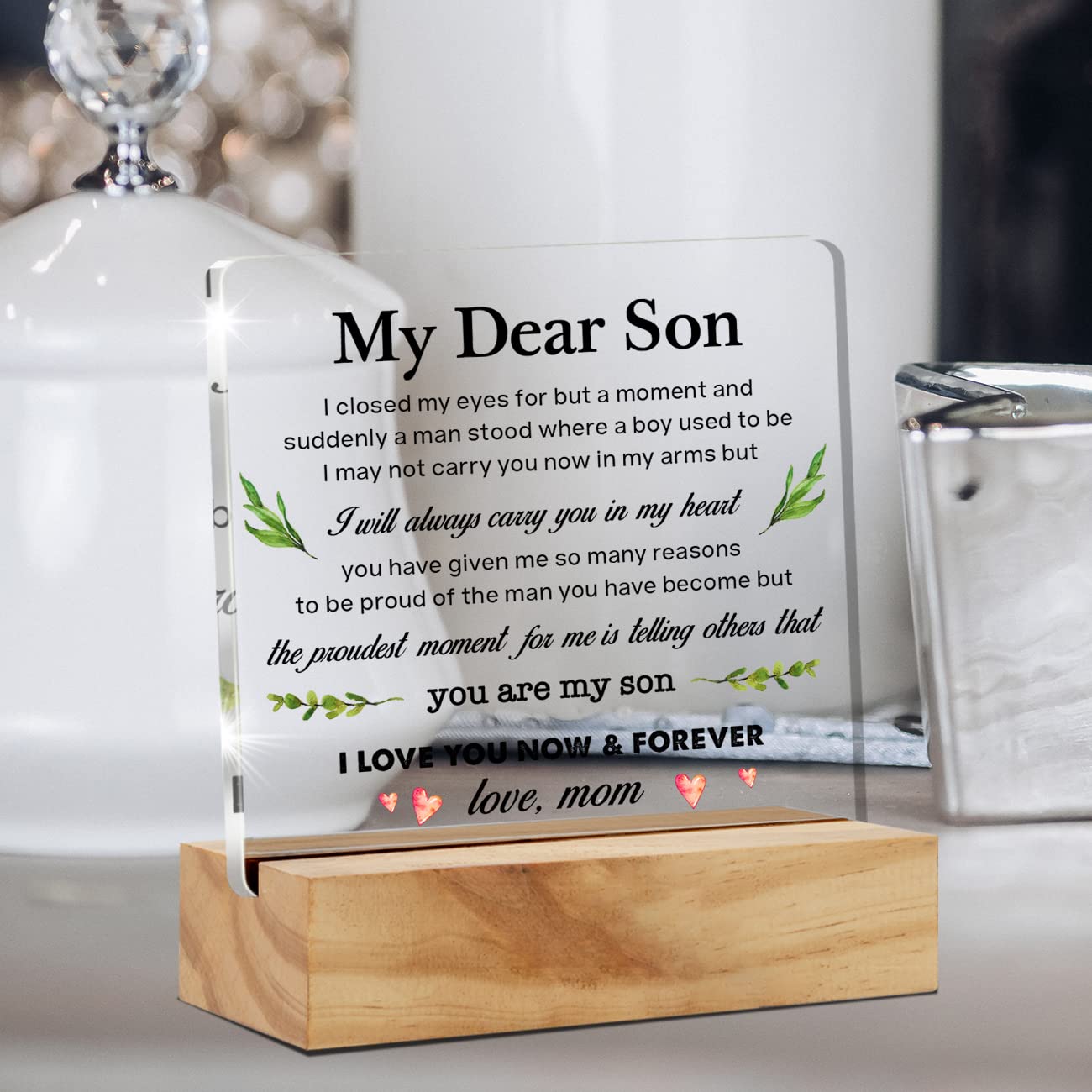 Mom's Gift to My Son: Acrylic Desk Plaque Sign with Wood Stand for Home Office