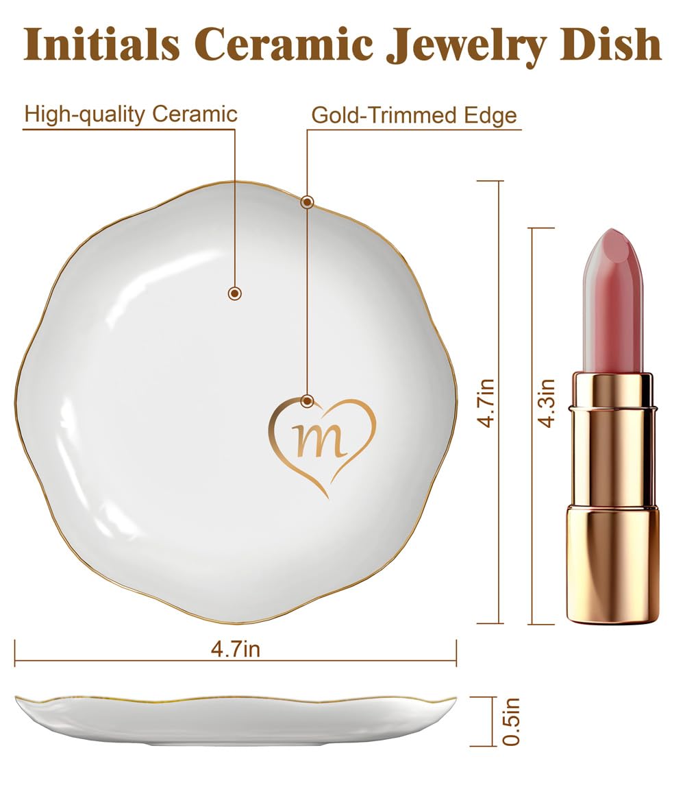 Gifts for Women – Initials Ceramic Jewelry Dish for Earrings, Necklaces, Bracelets, Rings, Watch, and Keys – Mother’s Day, Christmas, and Birthday Gifts for Women (m)