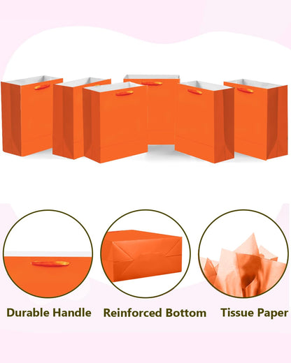 qiqee 24pcs Bright Orange Gift Bags with Tissue Paper for Wedding, Birthday, Party Supplies-7.9"x4.3"x9.6" Medium Size Cardboard Gift Bags（24pcs Bags + Tissue Paper ）