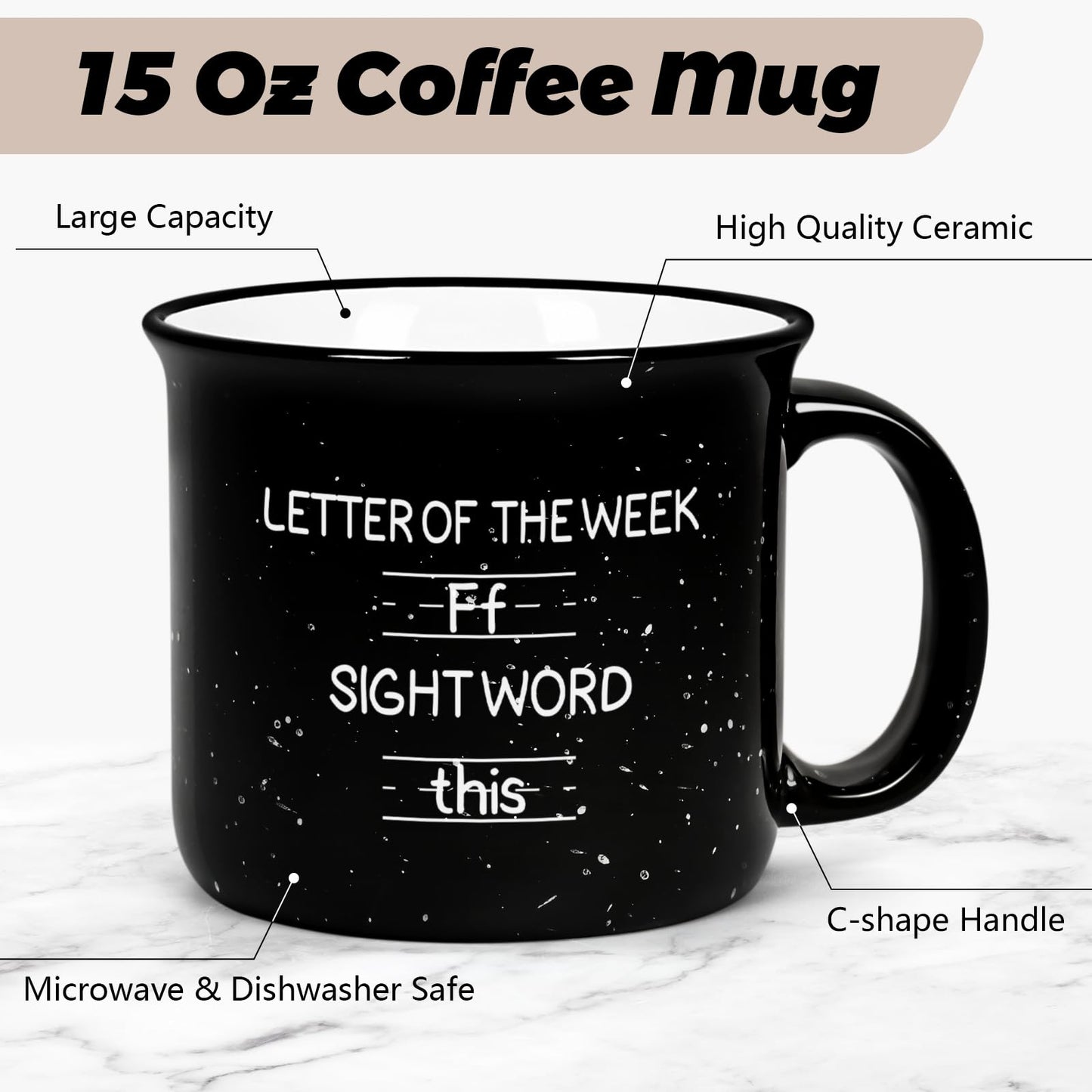 Cabtnca Teacher Appreciation Gifts for Women Men, Funny Sight Word Coffee Mug 15 Oz, Male Teacher Appreciation Gift Birthday White Elephant Christmas Gift for Teacher, Black