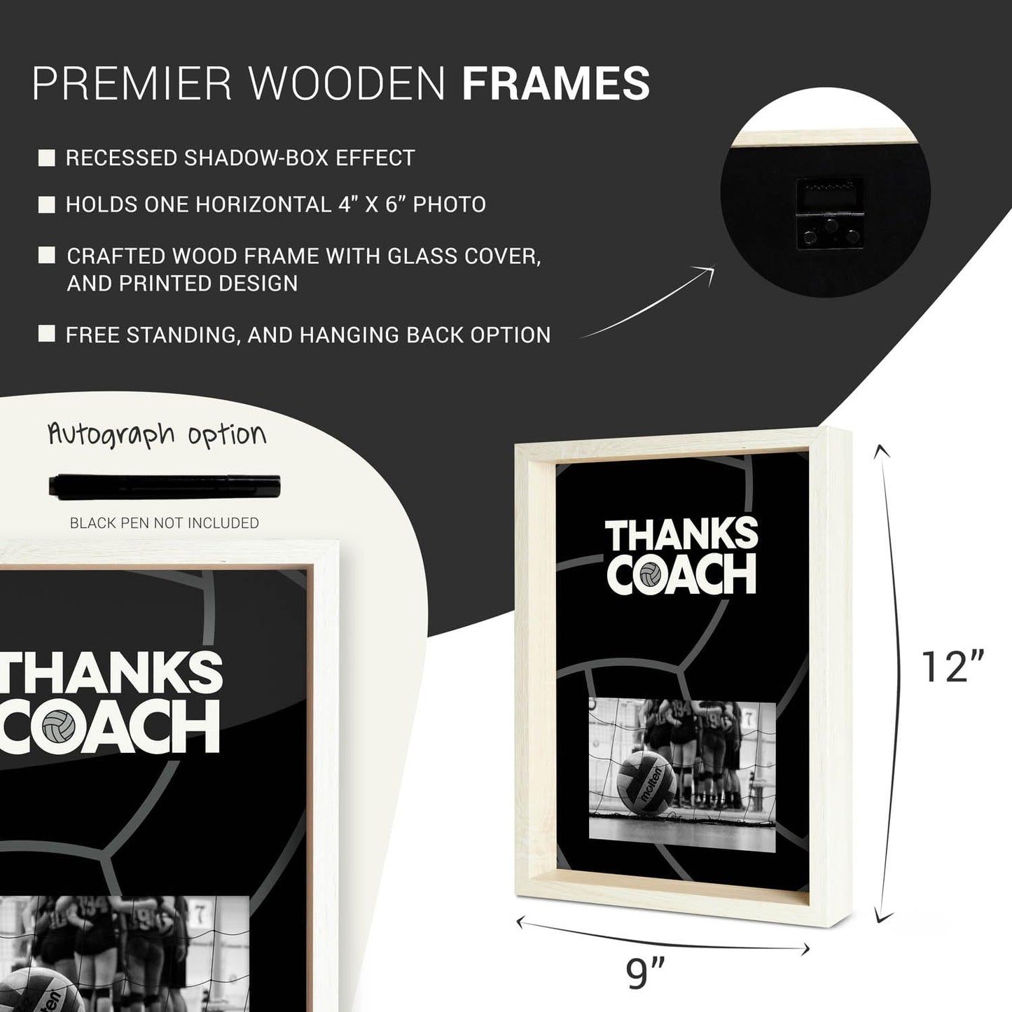 ChalkTalkSPORTS Volleyball Coach Gift Frame - Autograph Ready Volleyball Picture Frame - Holds 4x6 Photo - Desk or Wall Display - Thanks Coach