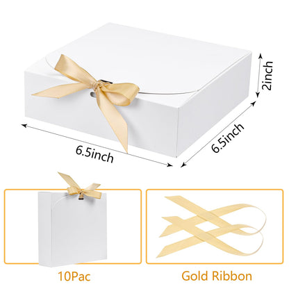 10pack Gift Boxes with Lids, 6.5''x6.5''x2'' White Gift Boxes For Presents, Paper Boxes Gift Boxes with Ribbon for Birthday Wedding Party Chocolate Candy