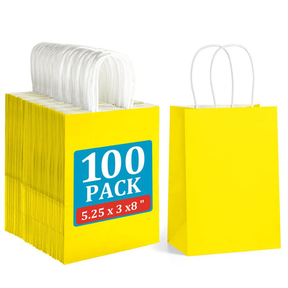 BagDream 5.25x3x8 Inch 100Pcs Yellow Gift Bags with Handles Small Kraft Paper Bags Bulk for Welcome Party Favors, Baby Shower, Goody, Treat, Retail, Grocery Paper Sacks