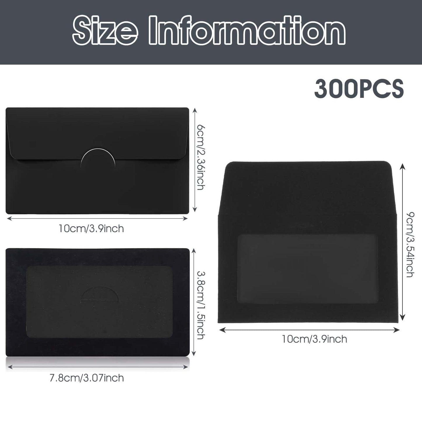 300Pcs Gift Card Envelopes, 3.9'' x 2.4" Black Gift Card Sleeves Bulk with Window, Mini Envelopes Sleeves for Father's Day, Graduation Season