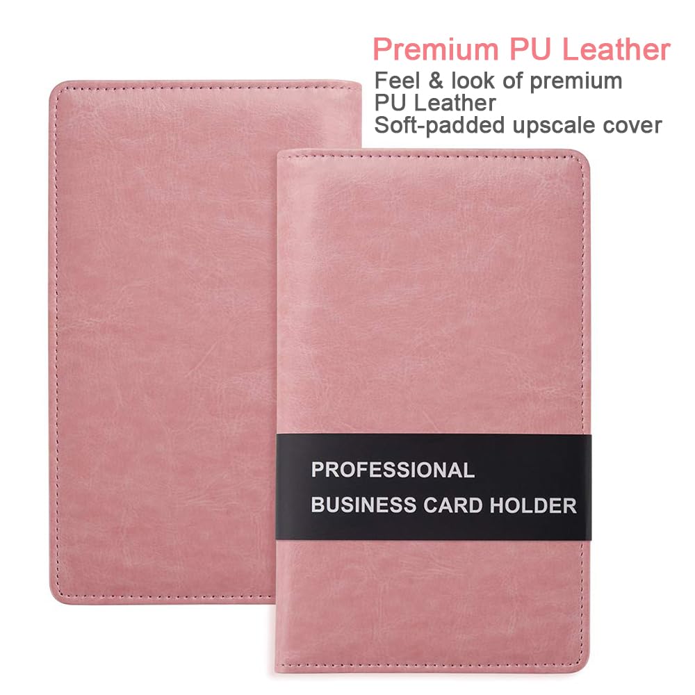 Sooez Leather Professional Business Card Holder Organizer, 240 Card Capacity PU Name Credit Cards Booklet (Pink)