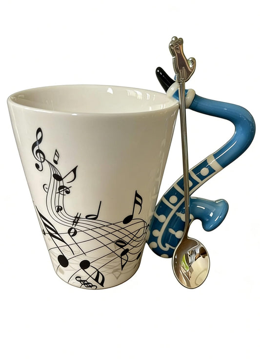 Saxophone Novelty Mug Musical Gift Coffee Cup with Spoon, Music Teacher Gifts,Music Lovers for Holidays Gift for Mother's Day,Fathers Day,Men,Woman (Blue)