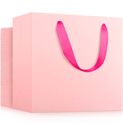 EUSOAR Small Pink Gifts Wrap Bags, 50 Pack 8.6x3.9x7 inches Shopping Bags with Handles Bulk, Party Favor Wrapping Bags for Wedding, Craft Grocery, Boutique, Retail, Business