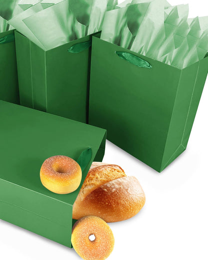 Gcardist Dark Green Gift Bags with Tissue Paper for Wedding, Birthday, Party Supplies-7.9"x4.3"x9.6" Medium Size Cardboard Gift Bags（5pcs Bags + Tissue Paper ）