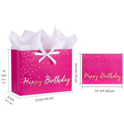 WRAPAHOLIC 13" Hot Pink Birthday Gift Bags with Tissue Paper and Card - Pink and Gold Foil Dots Bags for Girls Women Birthday Party Supplies