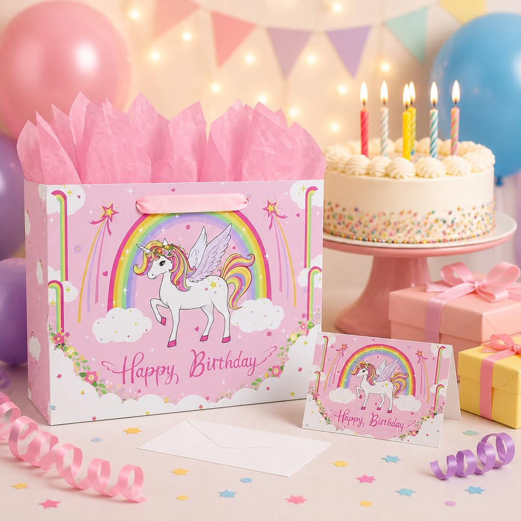 Oletx 13" Pink Unicorn Gift Wrap Paper Bag,Birthday Party Wrapping Bag With Tissue Paper Greeting Card for Women's Party,Mother's Day