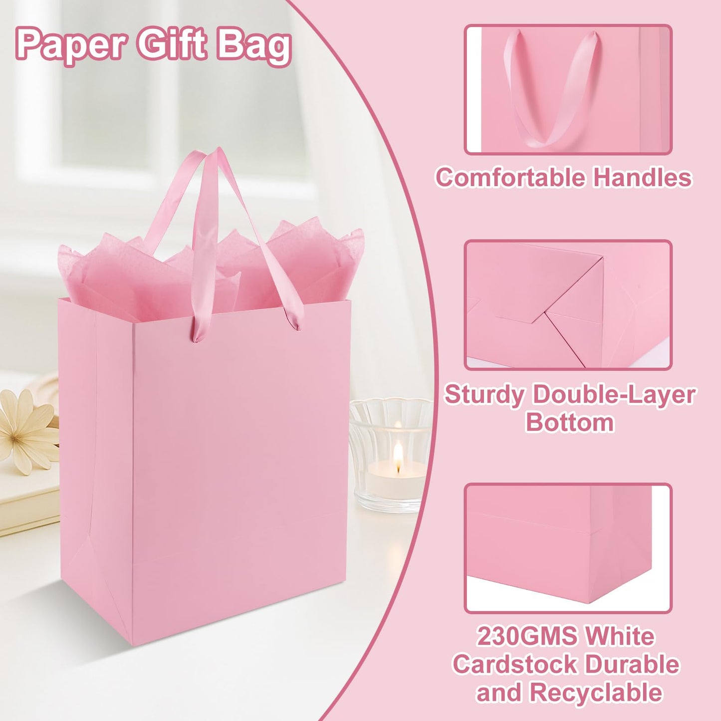 Epoesch 4 Pack Pink Gift Bags Handles and 8 Tissue Paper, Medium Size 8 X 5 X10 Inch Paper Bag for Birthday Party, Baby Shower, Wedding Favors or Mother's Day