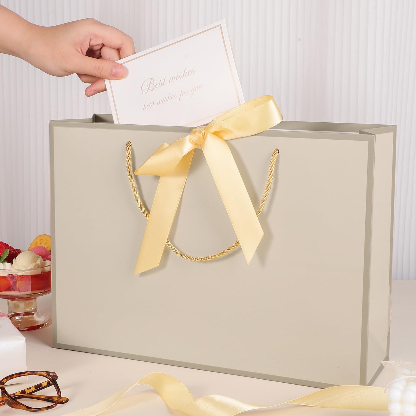 woric 2 Pcs Gift Bags with Handles, 14" Medium Gift Bag with 4 Tissue Paper & 2 Cards Gold Bag for Graduation Wedding Bridal Shower Baby Shower Birthday
