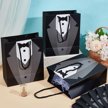 BENECREAT 12 Pack Tuxedo Gift Bags, 9.1x7.4x3.5inch Black White Paper Gift Bags with Handle for Groomsman, Bachelor Party Favors, Wedding