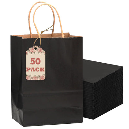 qiqee 50-Packs Black Paper Gift Bags with Handles Bulk 8.3"x3"x 6" Small Size Paper Bags Multiple Uses(Small Size)