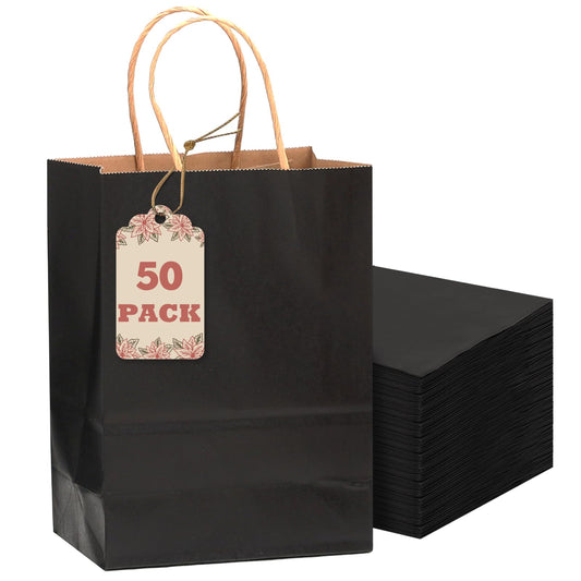 qiqee 50-Packs Black Paper Gift Bags with Handles Bulk 8.3"x3"x 6" Small Size Paper Bags Multiple Uses(Small Size)