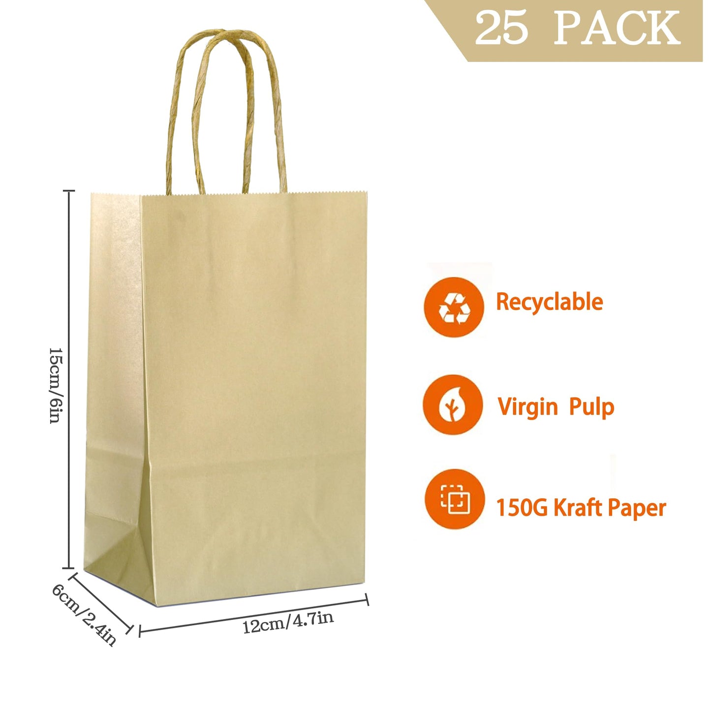 AZOWA Bronzing Gold Gift Bags Mini Kraft Paper Bags with Handles (4.7 x 2.4 x 6 in, Gold, 25 Pcs)